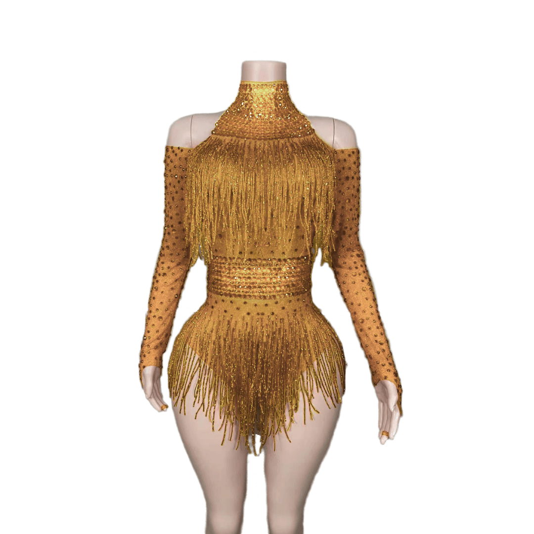 Red Fringe Bodysuit with Diamonds - Sparkling Performance Costume for Female Singers, Dance Teams, Nightclub Shows, and Stage Performances - Halloweez