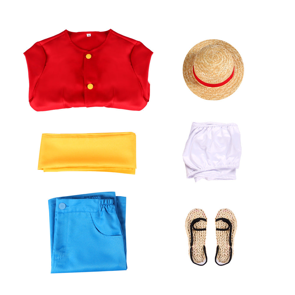 One Piece Two Years Later Straw Hat Luffy Cosplay Costume Gender-Bending Dress with Straw Sandals - Halloweez