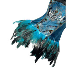 TDH Original Handmade Blue Green Peacock Gothic Dark Lace-Up Drawstring Feather Bustier Affordable Corset Top for Cosplay - Halloweez