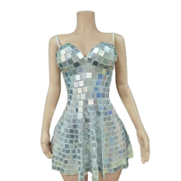 Golden Lens V-Neck Bodycon Dress Silver Cosplay Costume for Nightclub Stage Performance Party - Halloweez