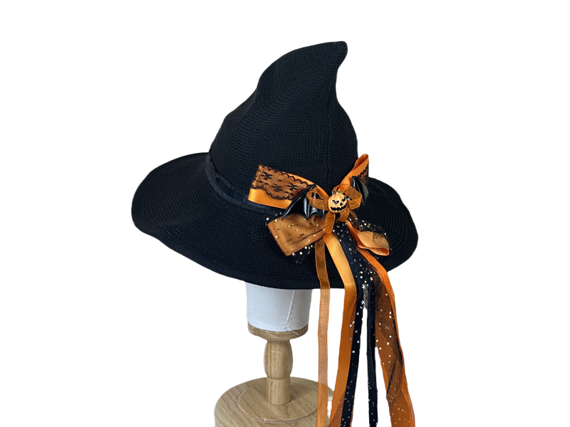 Halloween Bow Pumpkin Decoration Cotton Gauze Witch Hat Wide Brim Halloween Witch Hat Head Accessories - Halloweez