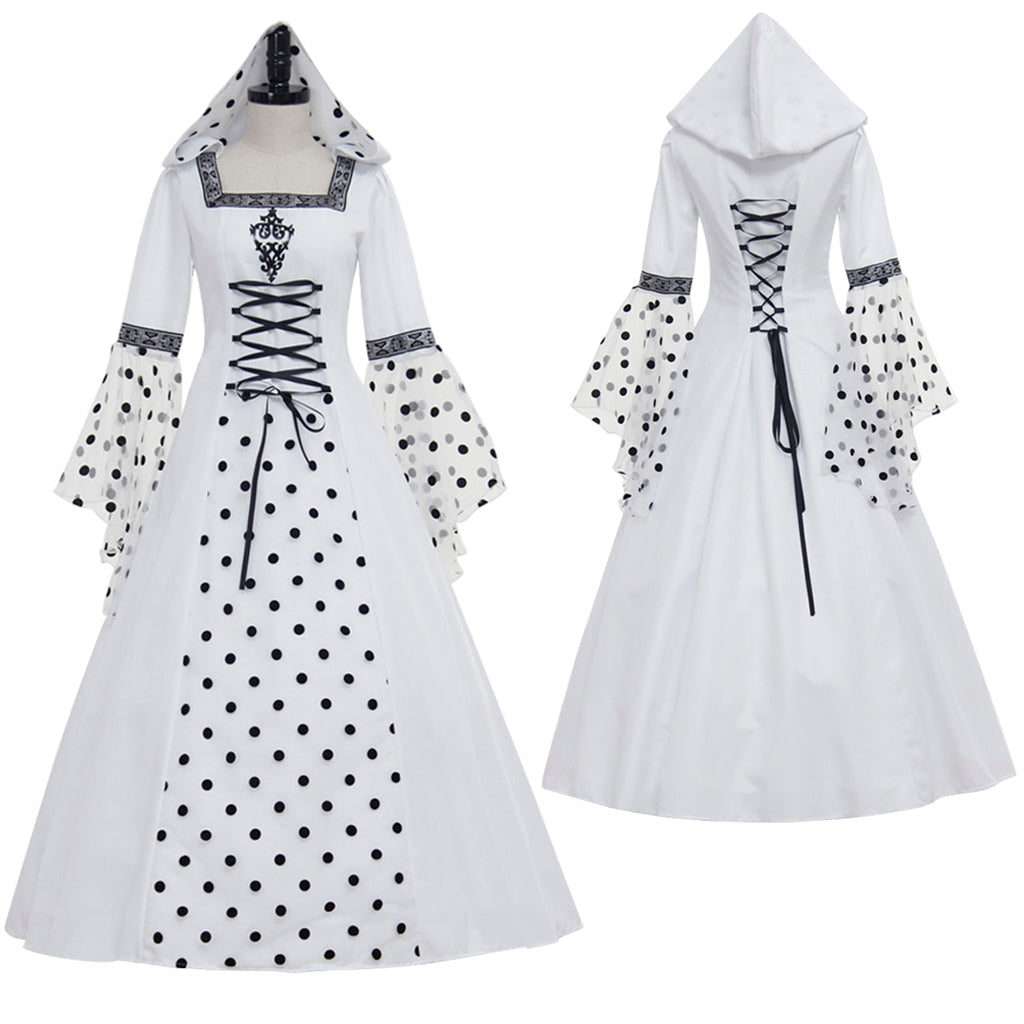 Robe blanche élégante à pois et capuche style gothique steampunk pour Halloween, pour événements médiévaux victoriens et renaissance