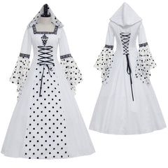 Elegant Halloweez Gothic Steampunk Hooded Polka Dot White Dress for Medieval Victorian Renaissance Events