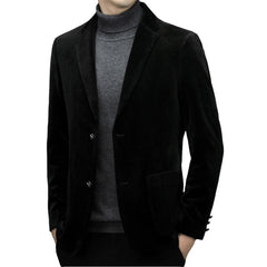 Men's Corduroy Casual Blazer New Trend High-end Single Suit Jacket Autumn Spring Gold Velvet Small Suit - Halloweez