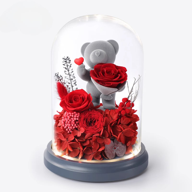 Regalo de flores de amor eterno de Halloween: exquisito ramo de rosas en caja con un lindo oso y conejito para ocasiones especiales