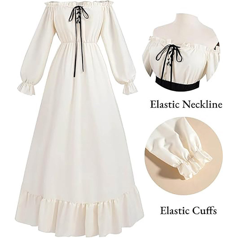 Renaissance Victorian Off-Shoulder Tie Dress Two-Piece Gown - Elegant Cosplay Costume - Halloweez