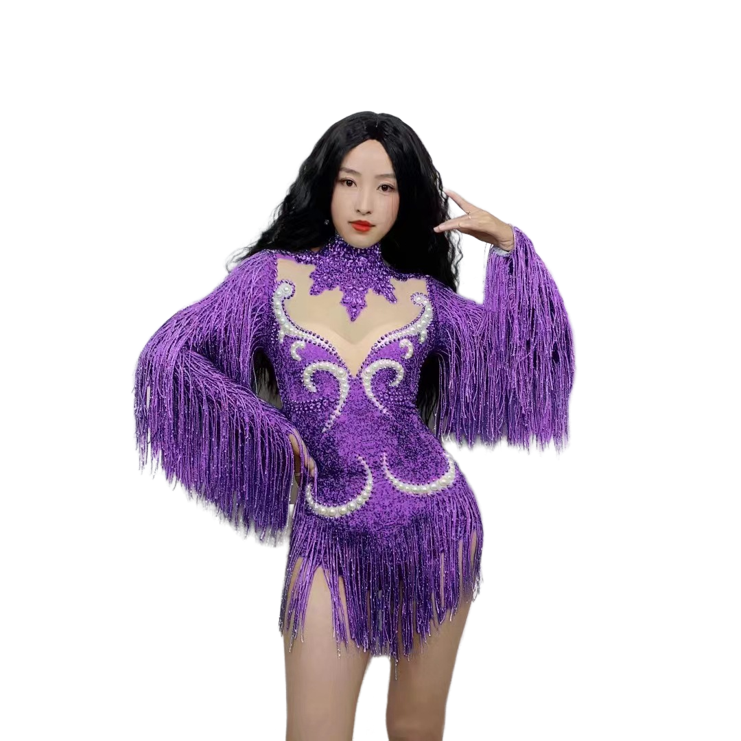 Sexual Stage Outfit Women's Rhinestone Pearl Fringe Long Sleeve Bodysuit Butterfly Mesh Performance Costume - Halloweez