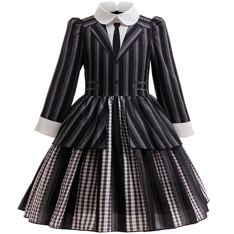 Halloween Dress for Girls Cosplay Addams Family Wednesday Heroine Stripe Fake Two-Piece Princess Dress - Halloweez