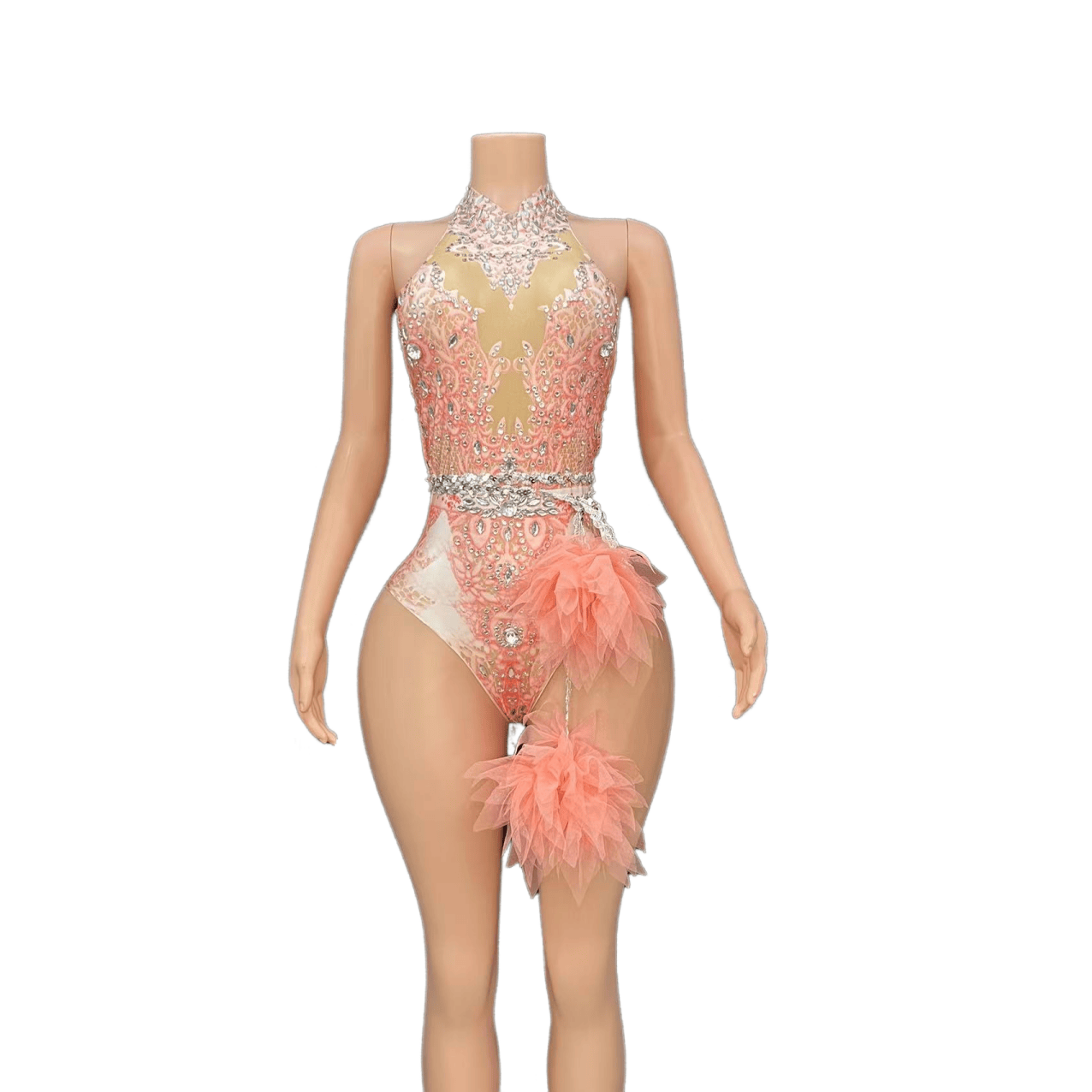 Sexy Sparkling Rhinestone Stretch Pink Mesh Bodysuit for Singer Dance Performance Cosplay Costume - Halloweez