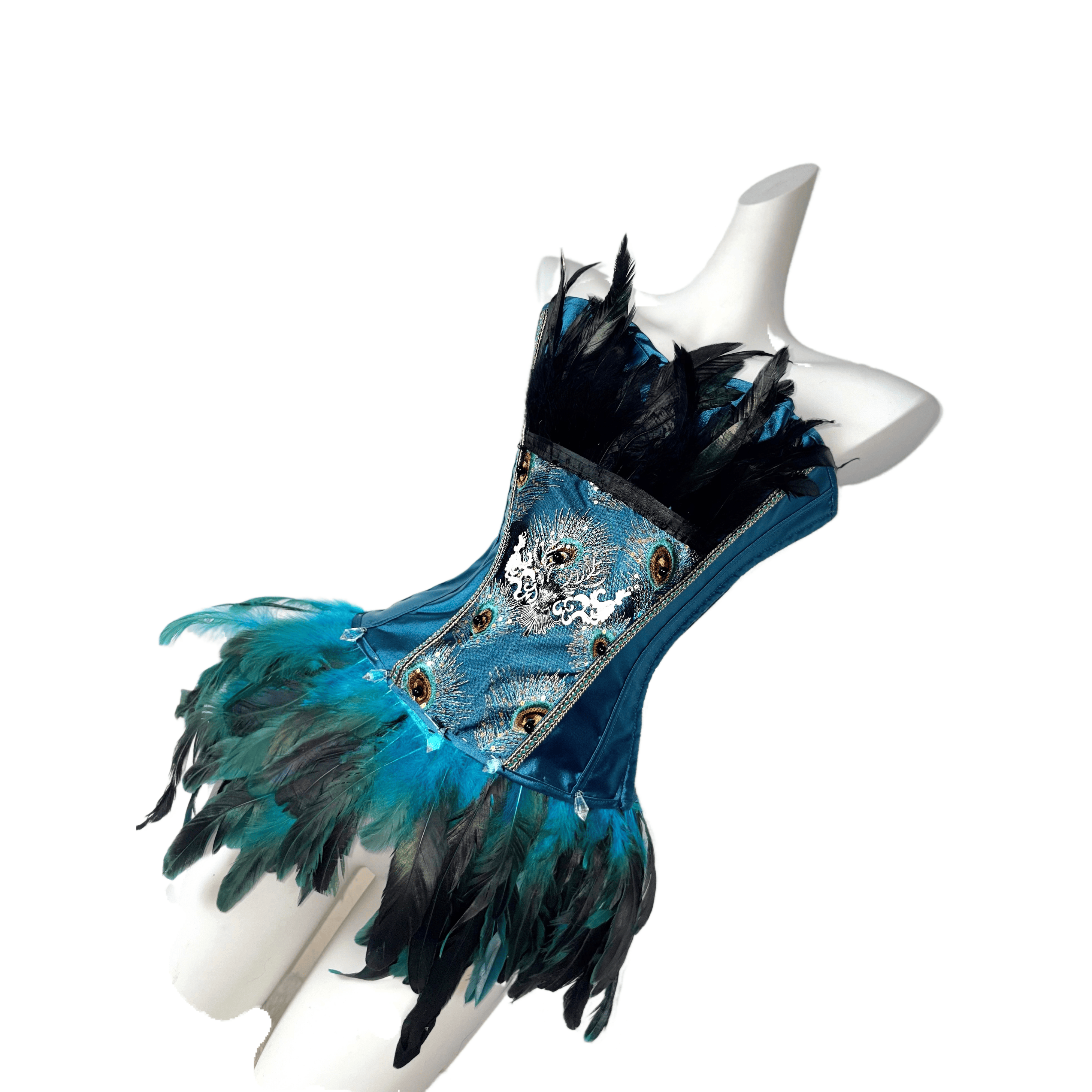 TDH Original Handmade Blue Green Peacock Gothic Dark Lace-Up Drawstring Feather Bustier Affordable Corset Top for Cosplay - Halloweez