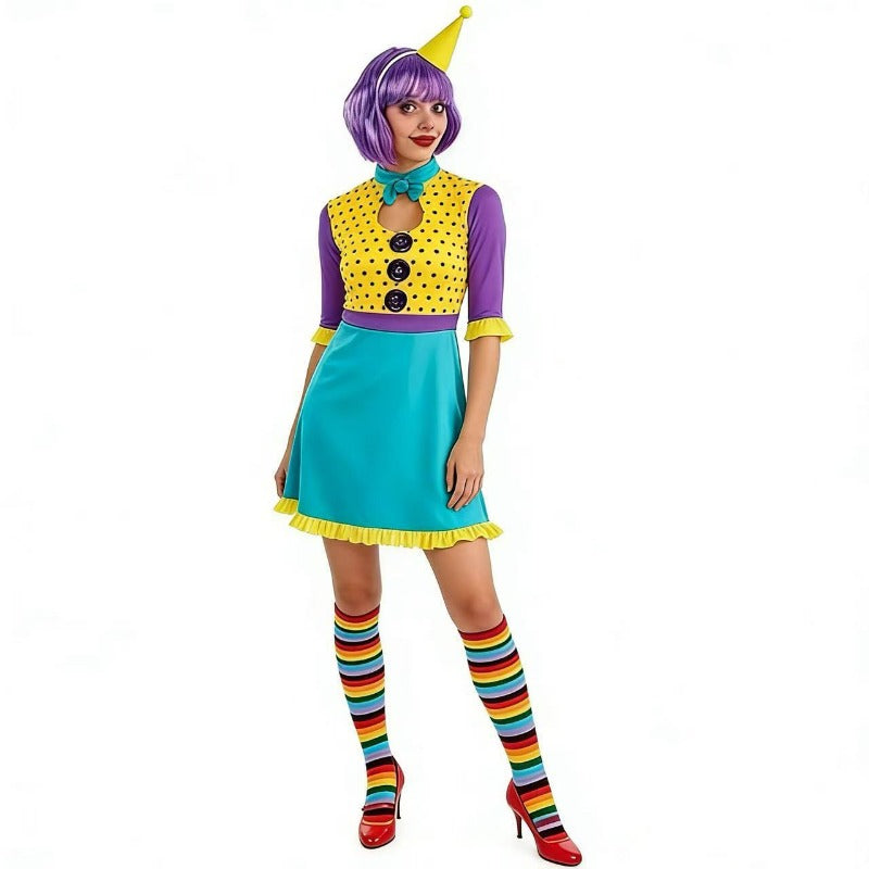 Women’s Colorful Clown Cosplay Costume – Vibrant Polka Dot Dress & Wig Set for Halloween, Carnival & Themed Parties - Halloweez