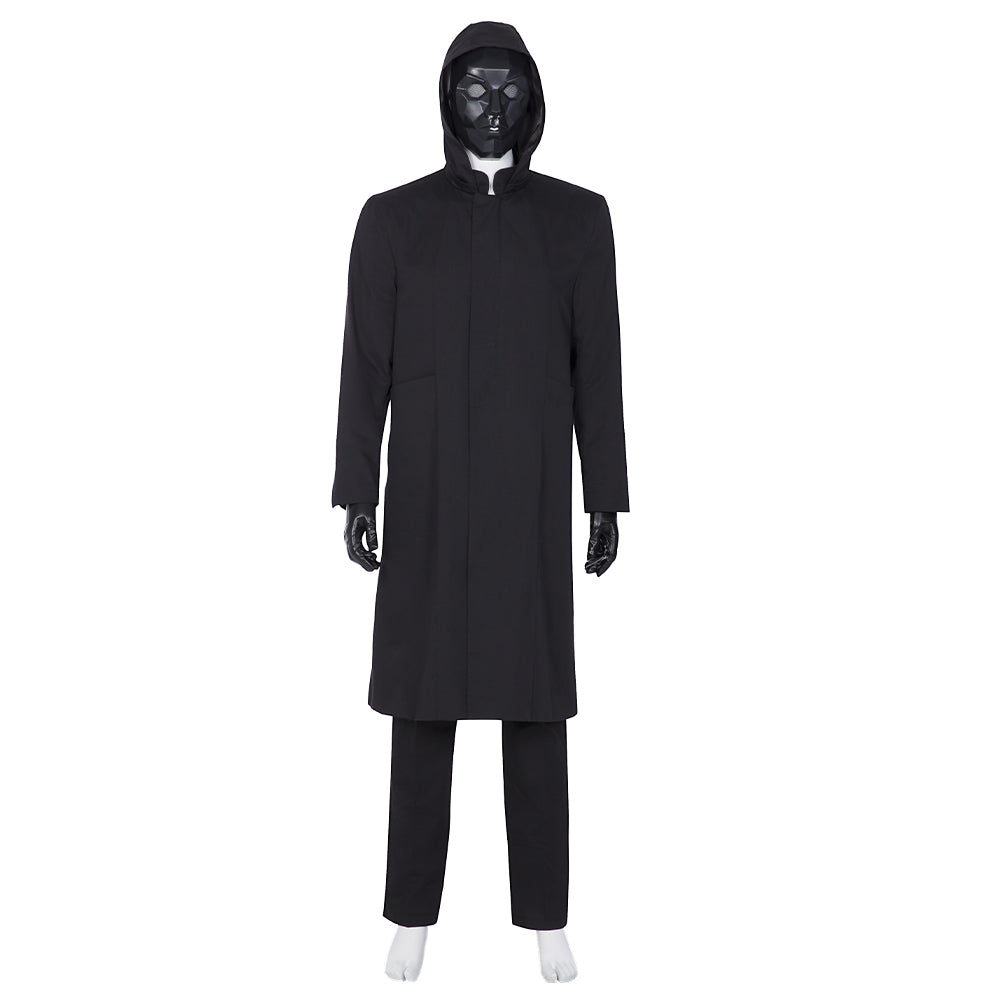 Disfraz de hombre enmascarado negro de El juego del calamar para Halloween: traje con capucha inspirado en el cosplay de Halloween
