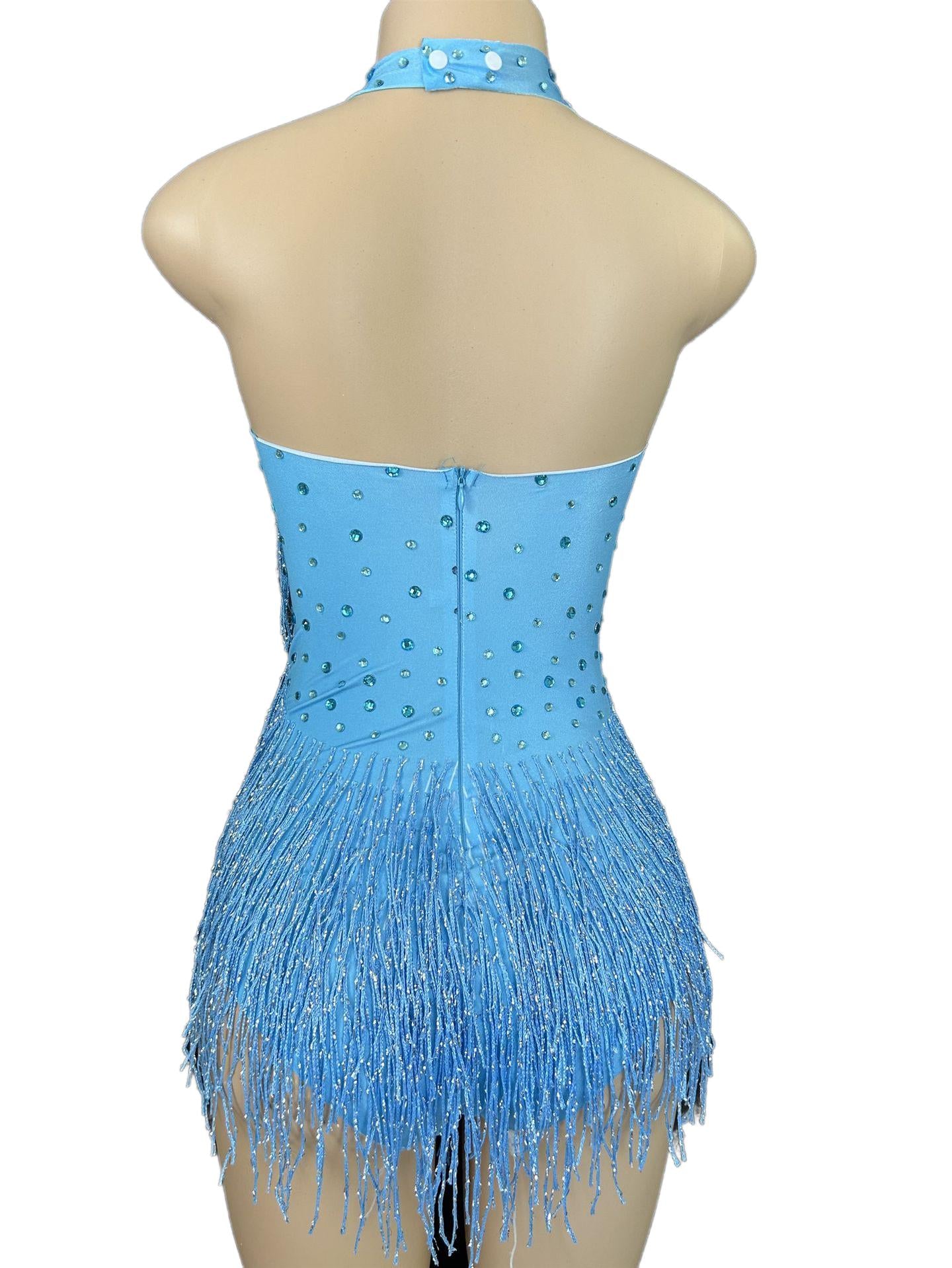 Latin Dance Halter Bodysuit with Fringe and Rhinestones - White Dance Performance Costume for Women - Halloweez