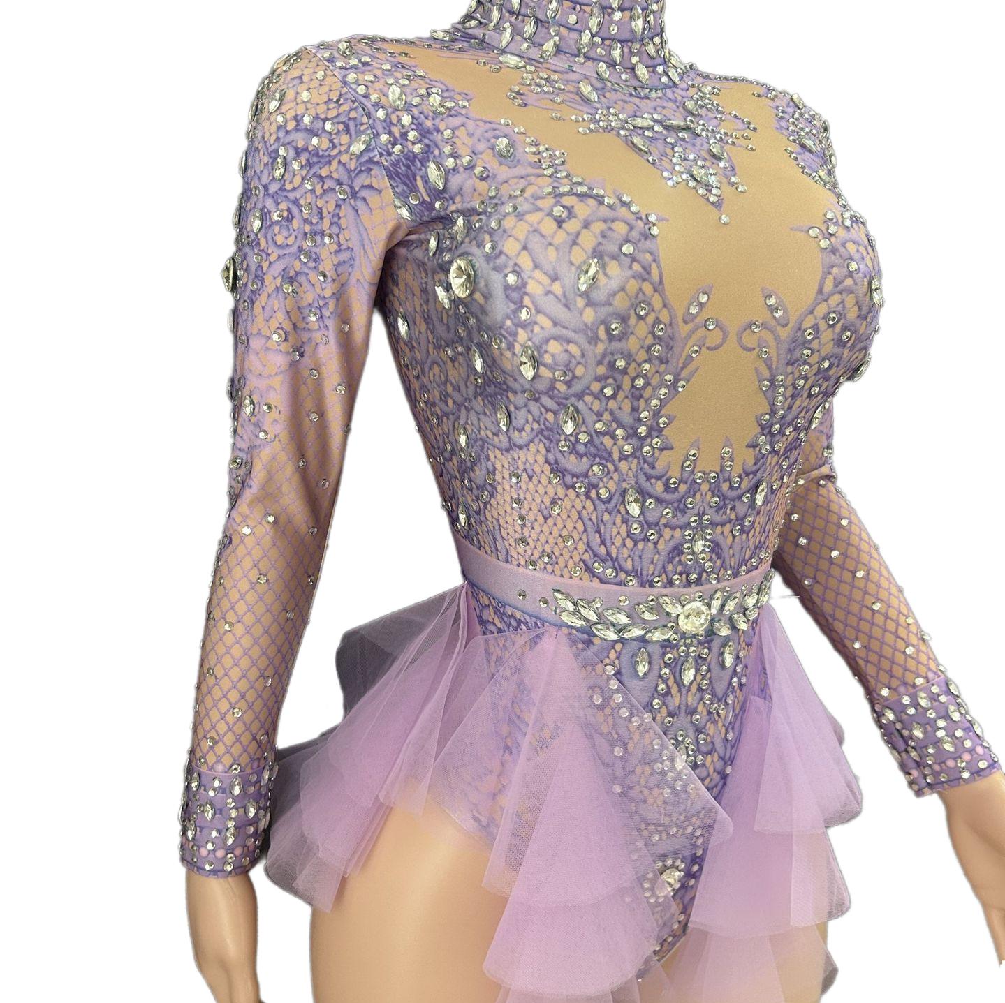 GC Singer Dance Rhinestone Stretchy Slimming Pink Mesh Bodysuit Stage Performance Costume Female Flash Diamond Girl Group - Halloweez