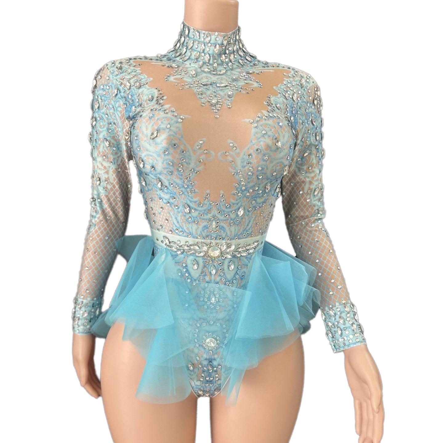 GC Singer Dance Rhinestone Stretchy Slimming Pink Mesh Bodysuit Stage Performance Costume Female Flash Diamond Girl Group - Halloweez