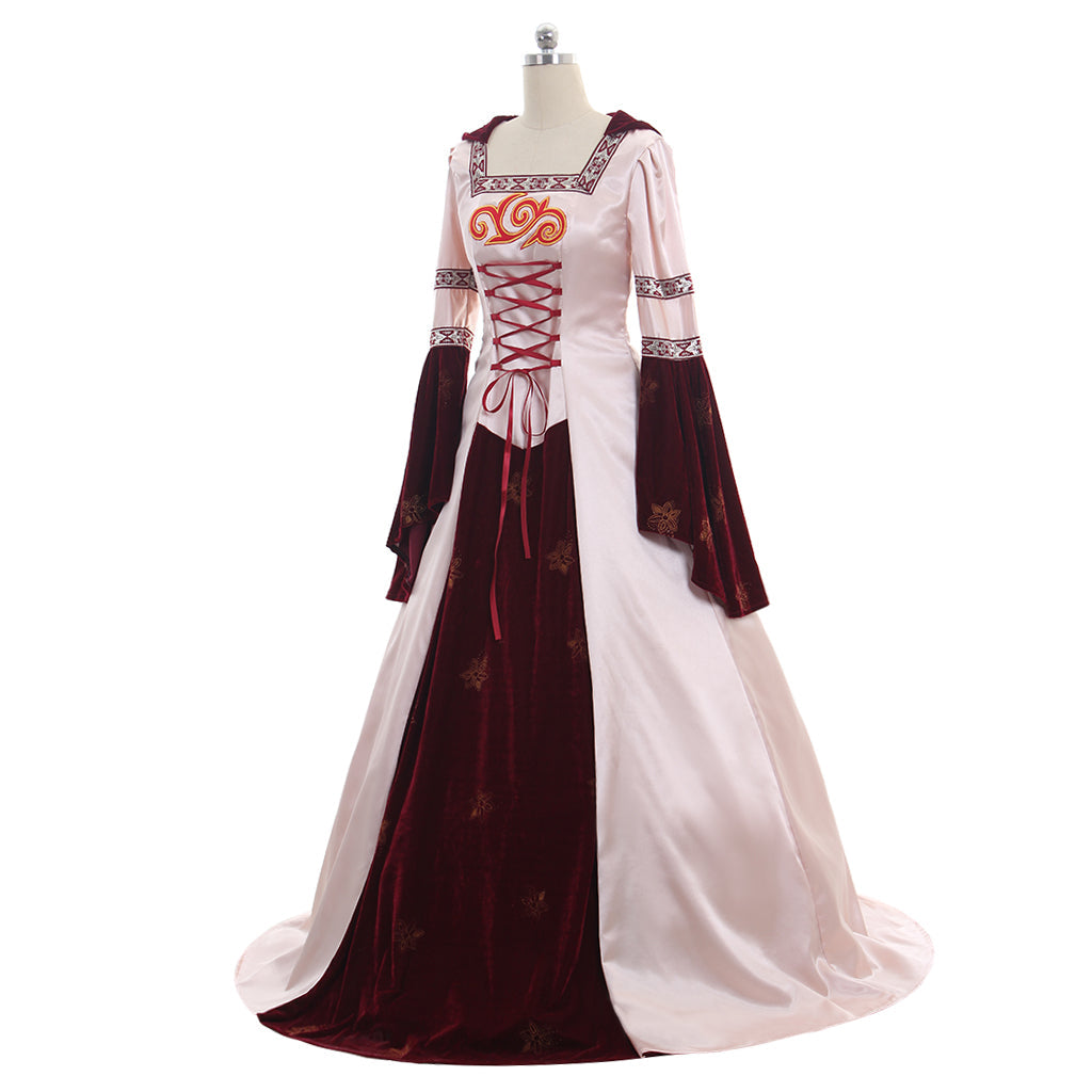 Elegant Pink Medieval Dress Cosplay with Hood - Satin/Velvet Custom Made Ball Gown