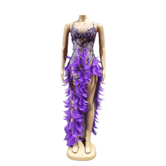 Colorful Feather Evening Gown Purple Party Dress with Pearls Rhinestones for Cosplay Halloween Costume - Halloweez