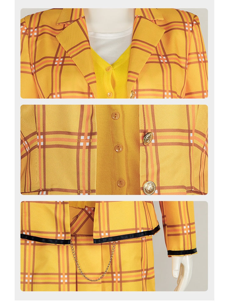 Clueless Movie Cher Horowitz Cosplay Costume Yellow Plaid Skirt Suit Uniform