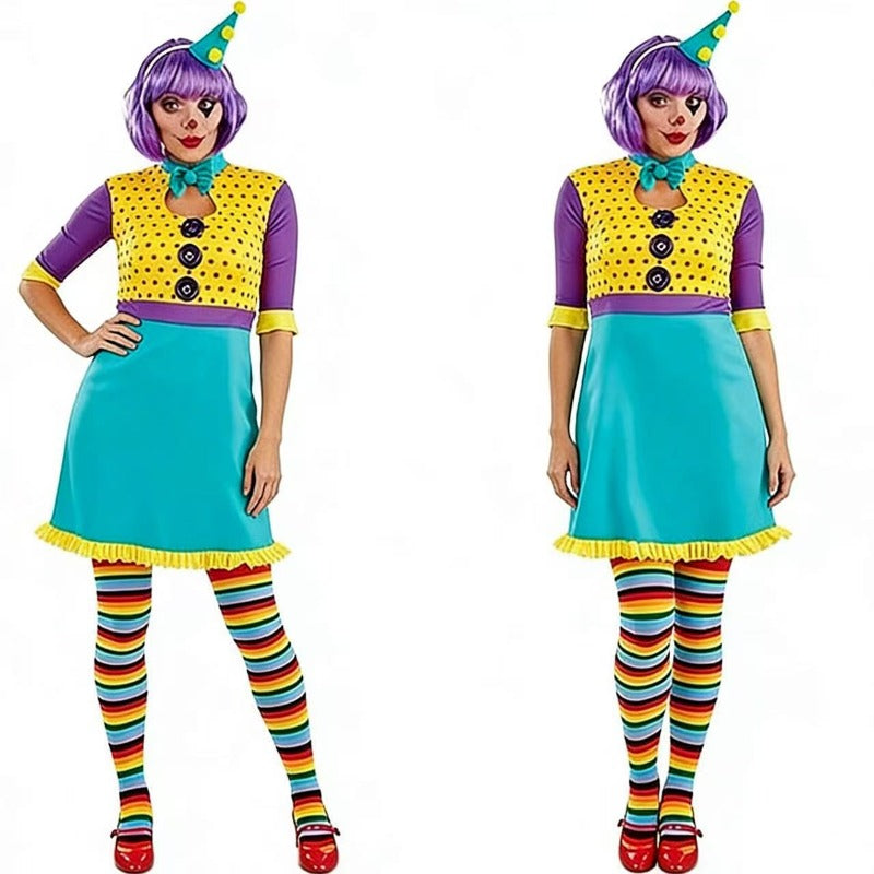 Women’s Colorful Clown Cosplay Costume – Vibrant Polka Dot Dress & Wig Set for Halloween, Carnival & Themed Parties - Halloweez