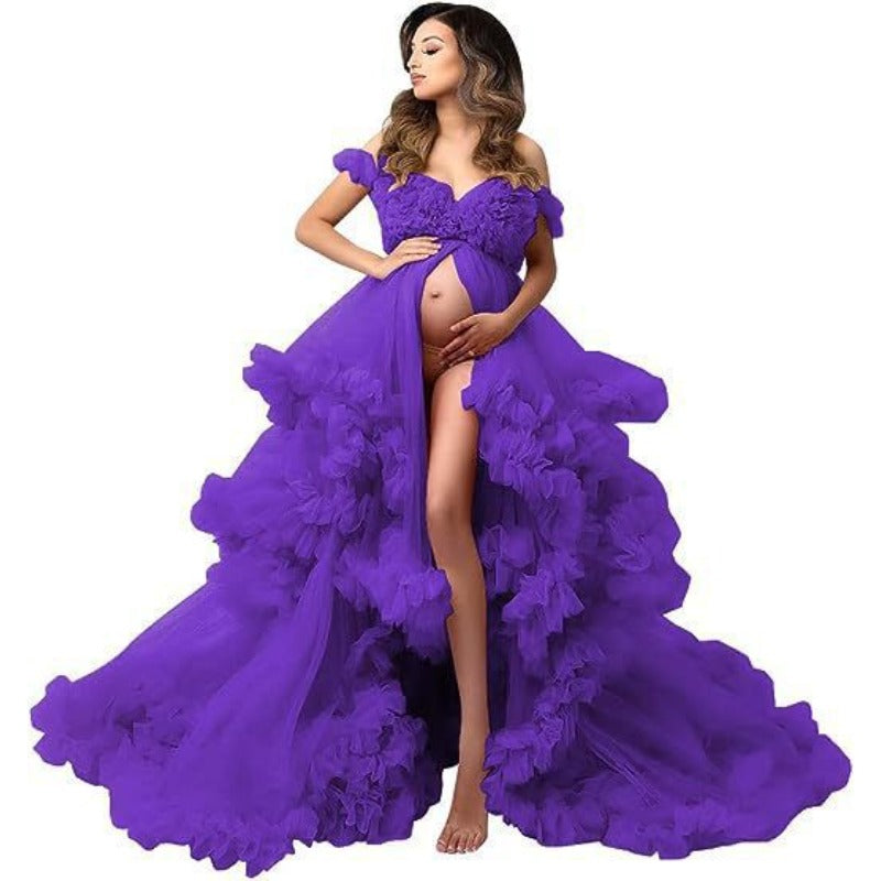 Elegant Maternity Evening Gown Long Robe Off Shoulder Transparent Sexy Bride Pregnancy Chiffon Dress European American Import - Halloweez