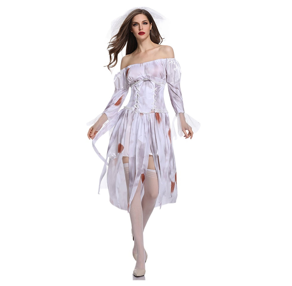 Halloween Ghost Bride Dress – Elegant Gothic Cosplay Costume for Women - Halloweez