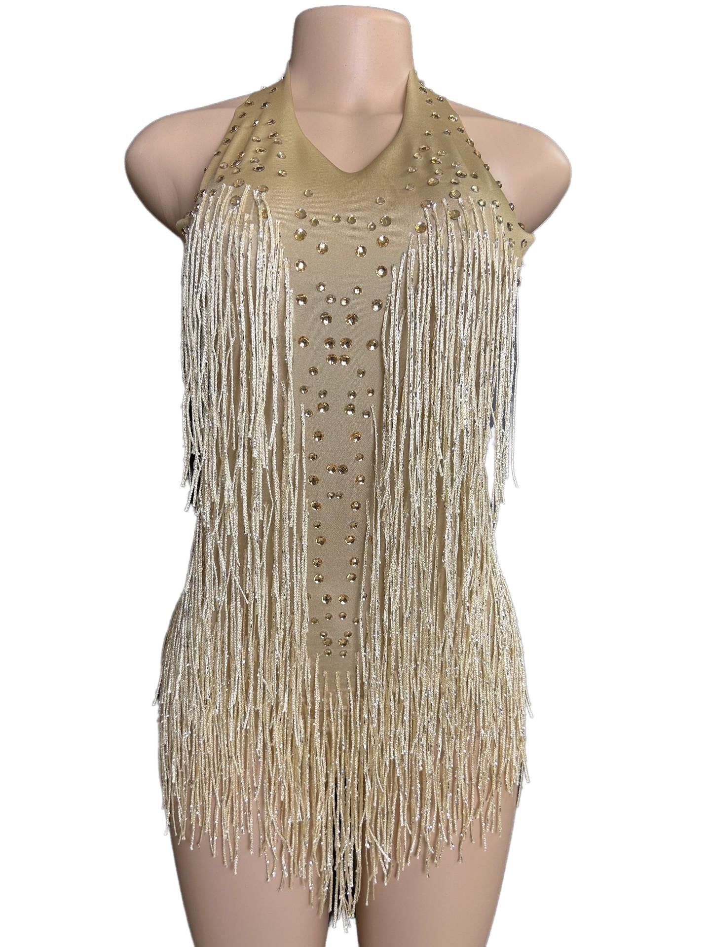 Latin Dance Halter Bodysuit with Fringe and Rhinestones - White Dance Performance Costume for Women - Halloweez