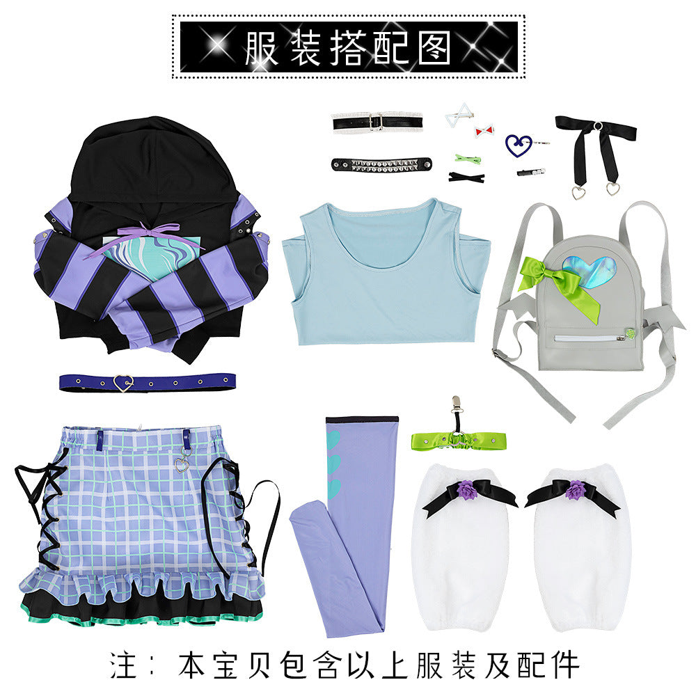 World Project Akayama Mizuki 2D Anime Costume Women's Hooded Sweatshirt Plaid Skirt Set - Halloweez