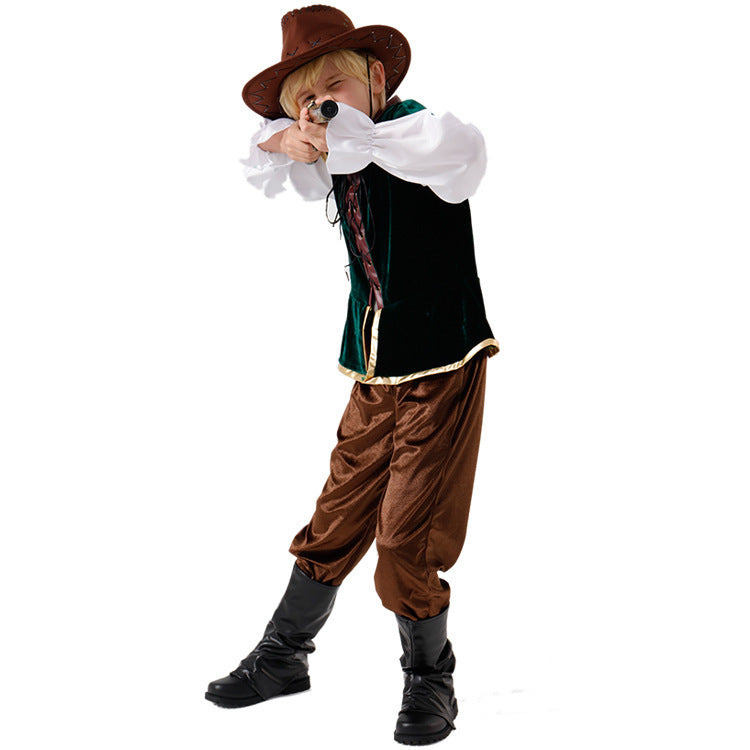 2025 New European and American Wide Brim Hat Western Cowboy Children's Medieval Stage Performance Costume Cosplay Costume - Halloweez