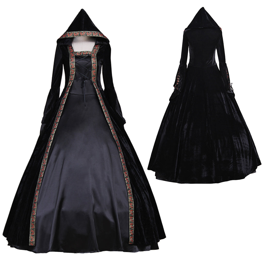 Elegant Halloweez Victorian Rococo Gothic Punk Black Velvet Dress Cosplay Costume