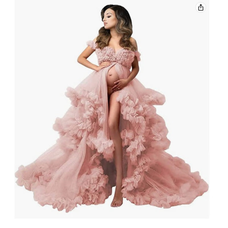 Elegant Maternity Evening Gown Long Robe Off Shoulder Transparent Sexy Bride Pregnancy Chiffon Dress European American Import - Halloweez