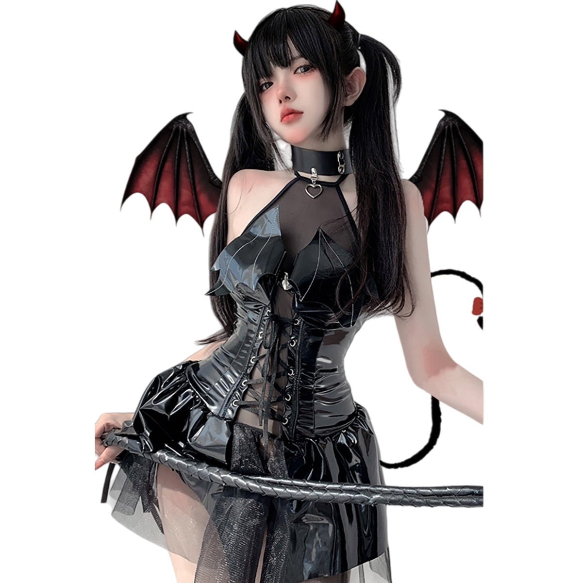 Mirror PU Halter Tie Bat Little Devil Sheer Mini Skirt Cosplay Costume Anime Lolita Goth Outfit - Halloweez