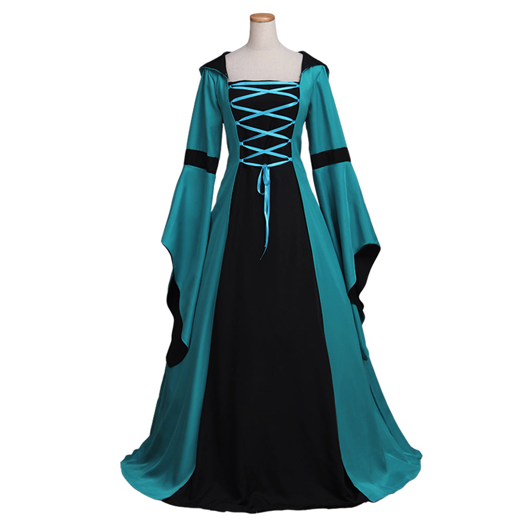 New Women's Halloweez Vintage Medieval Costume - Renaissance Victorian Square Neck Flare Sleeve Lace Patchwork Gothic Dress