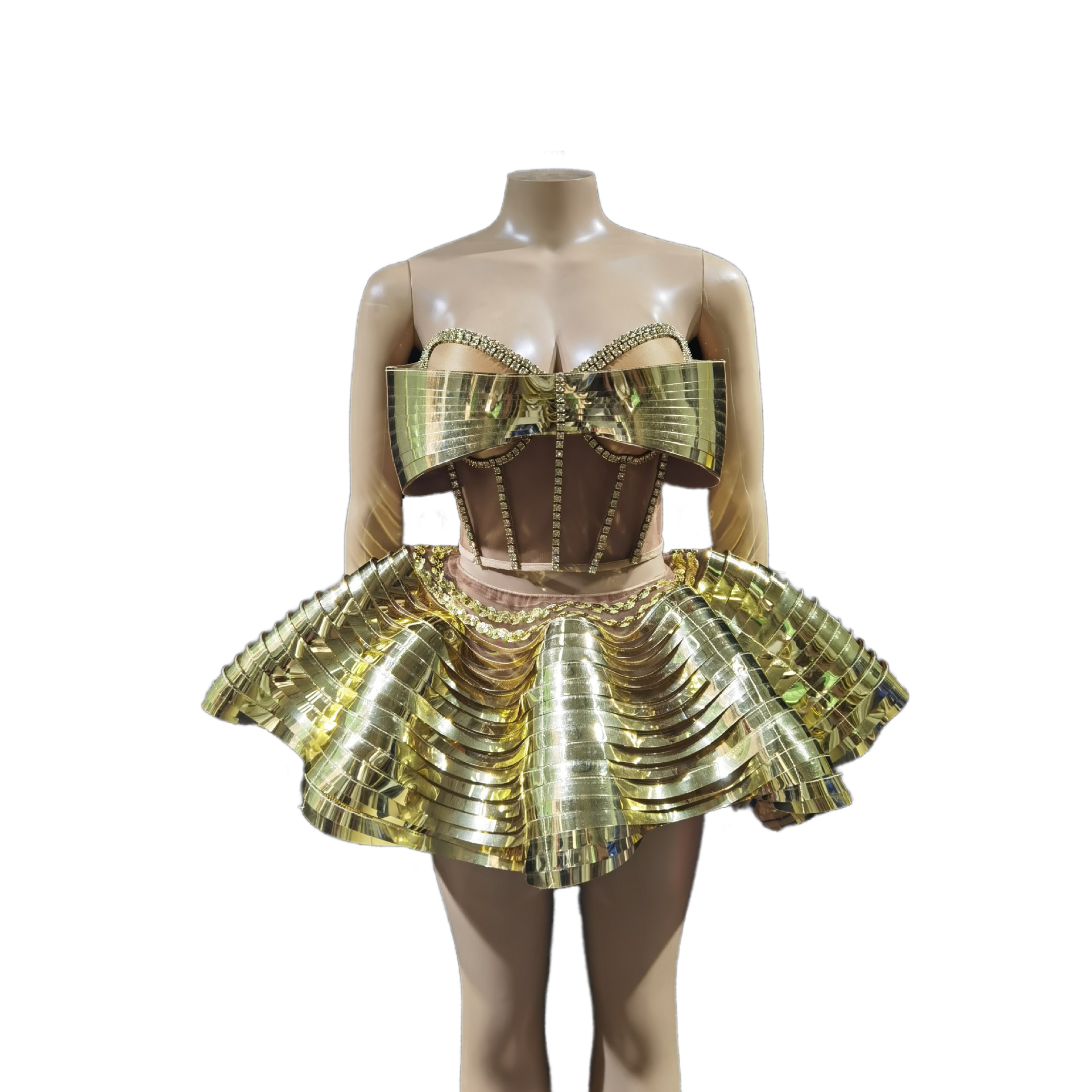 Masked Lady Mechanical Style Stage Costume Golden Sequin Girl Group Performance Cosplay Dress for Party Photography - Halloweez