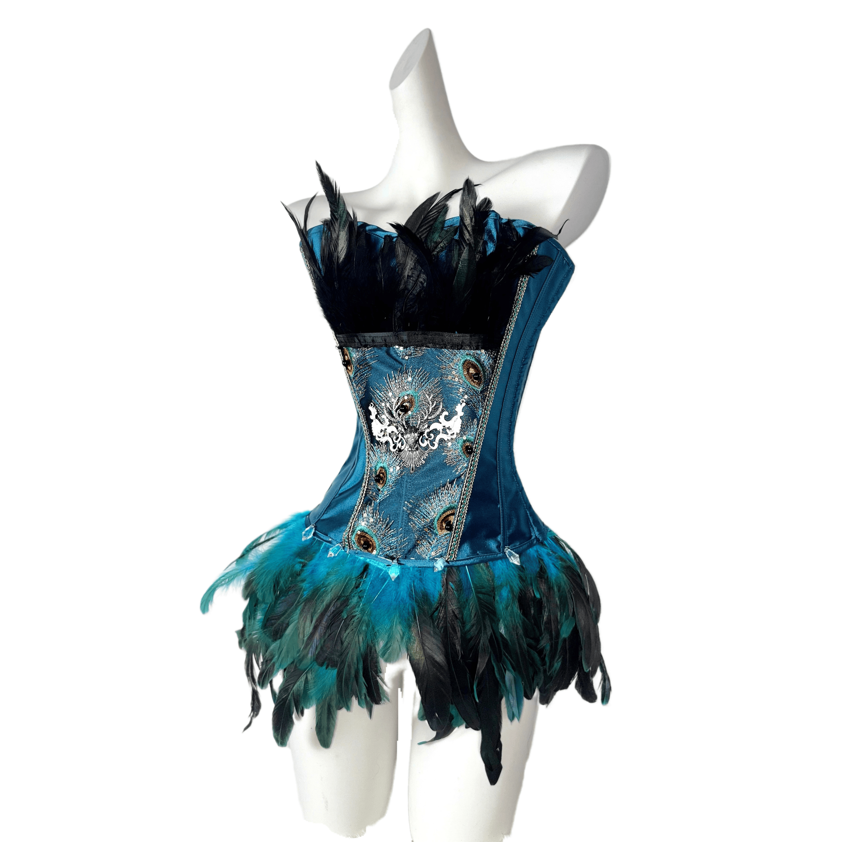 TDH Original Handmade Blue Green Peacock Gothic Dark Lace-Up Drawstring Feather Bustier Affordable Corset Top for Cosplay - Halloweez