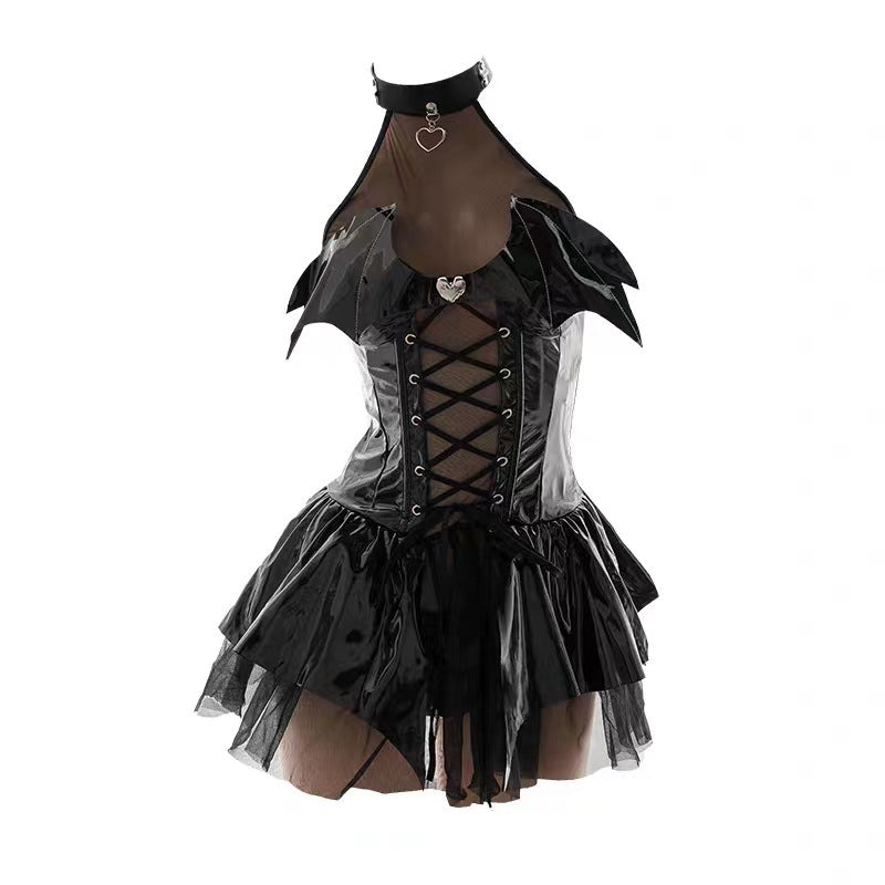 Mirror PU Halter Tie Bat Little Devil Sheer Mini Skirt Cosplay Costume Anime Lolita Goth Outfit - Halloweez