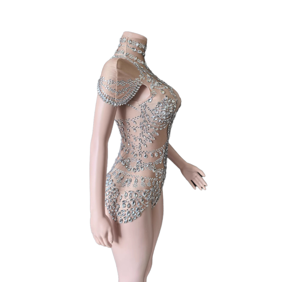 Elegant Lace Mesh Gown Evening Party Dress with Crystal Rhinestones High Neck Sleeveless Sheer Grid Pattern Ball Gown - Halloweez