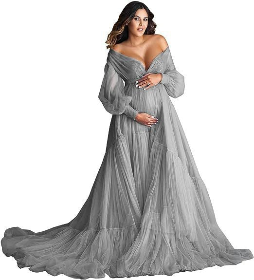 2025 Maternity Cosplay Mesh Dress Deep V See-through Photo Shoot Evening Gown High Waist Slimming Multi-color Options - Halloweez