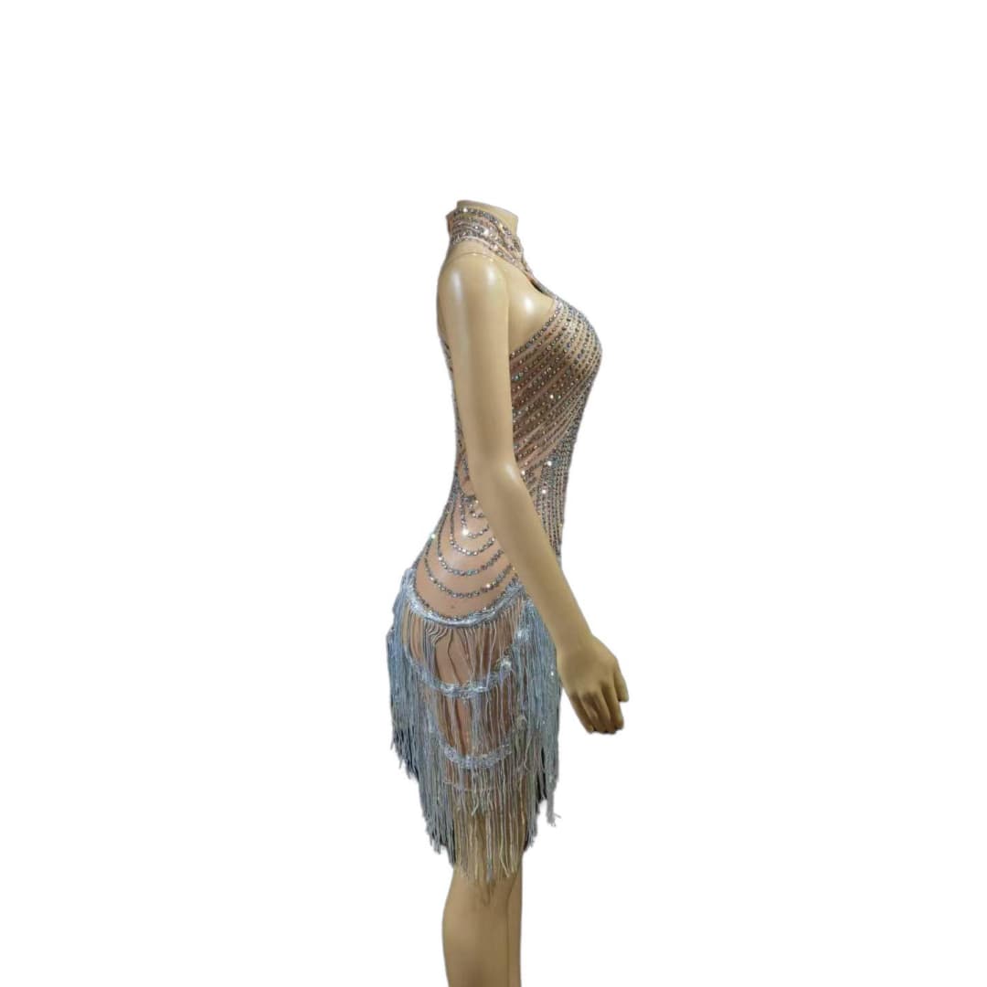 GC Diamond Fringe Short Dress - Silver Party Costume for Nightclub, Pole Dance, Birthday & Bar Events - Halloweez