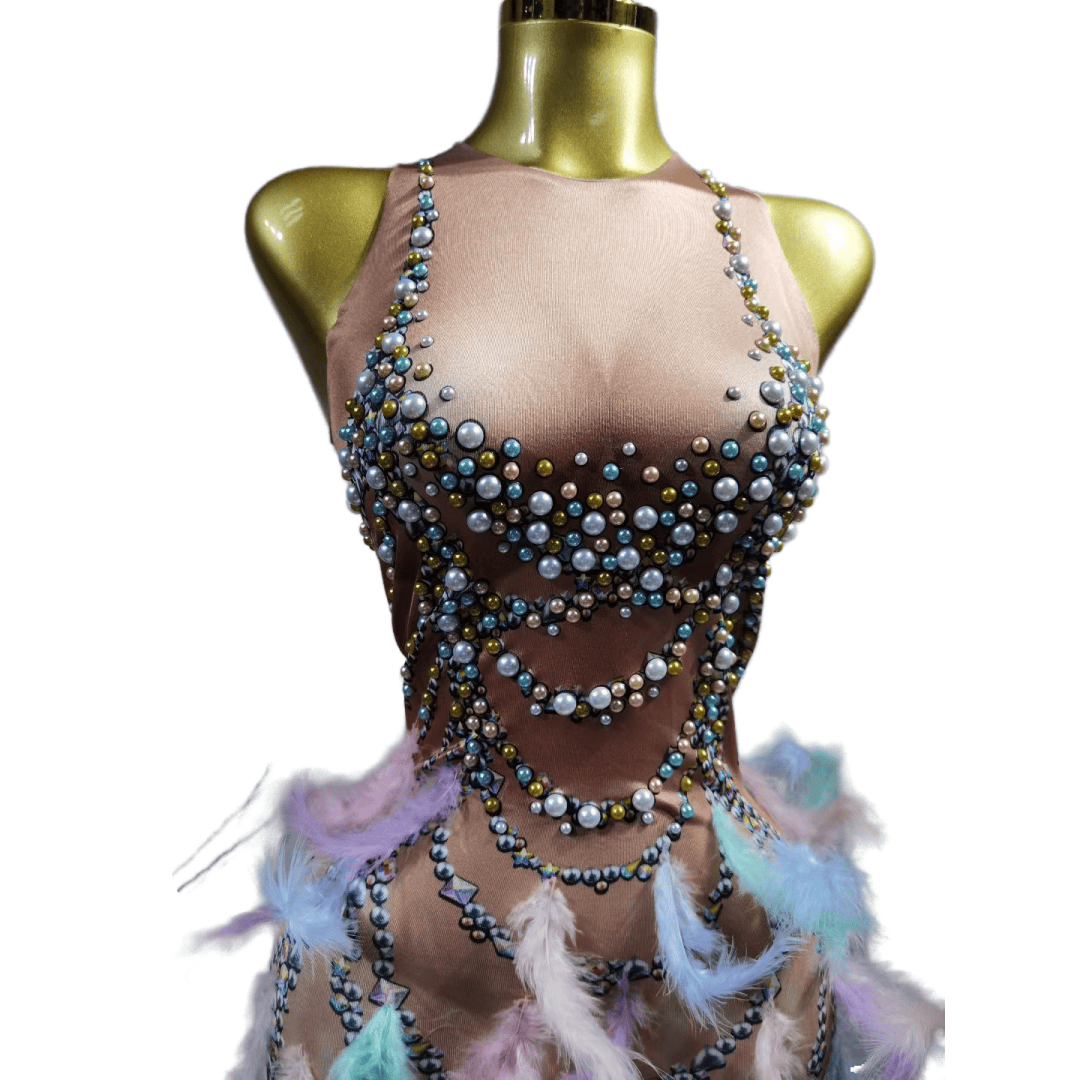 Colorful Feather Evening Gown Purple Party Dress with Pearls Rhinestones for Cosplay Halloween Costume - Halloweez