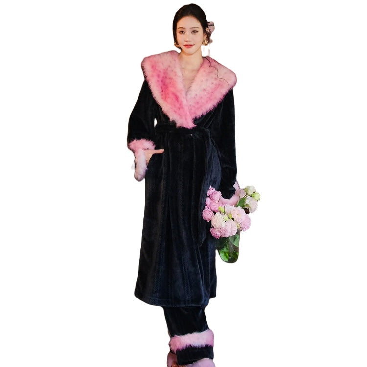Leopard Print Contrast Color Flannel Robe Two-Piece Set: Cozy Winter Loungewear - Halloweez