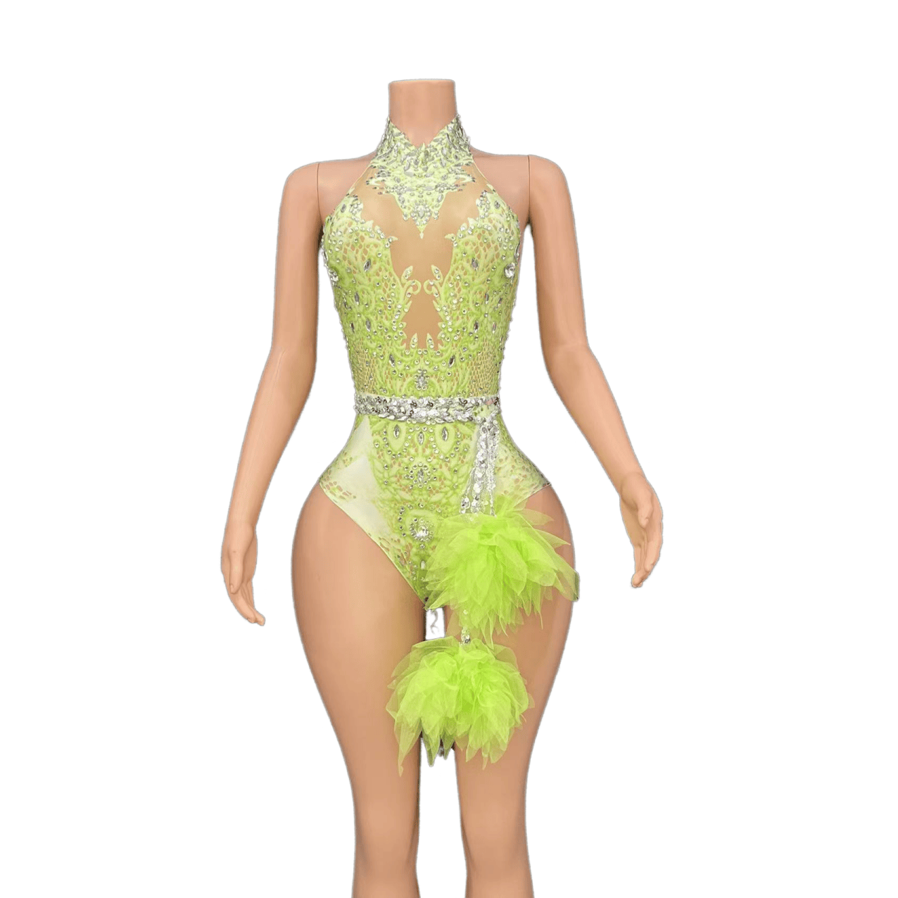 Sexy Sparkling Rhinestone Stretch Pink Mesh Bodysuit for Singer Dance Performance Cosplay Costume - Halloweez