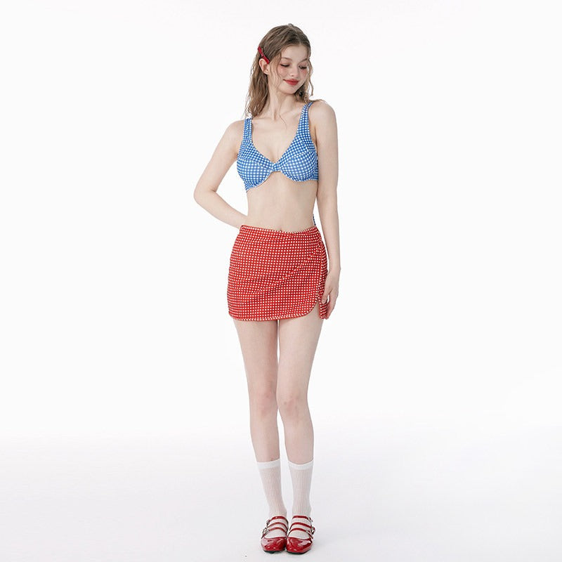 Retro Color Block Three Piece Bikini,Thai Niche Beach Swimwear for Women - Halloweez