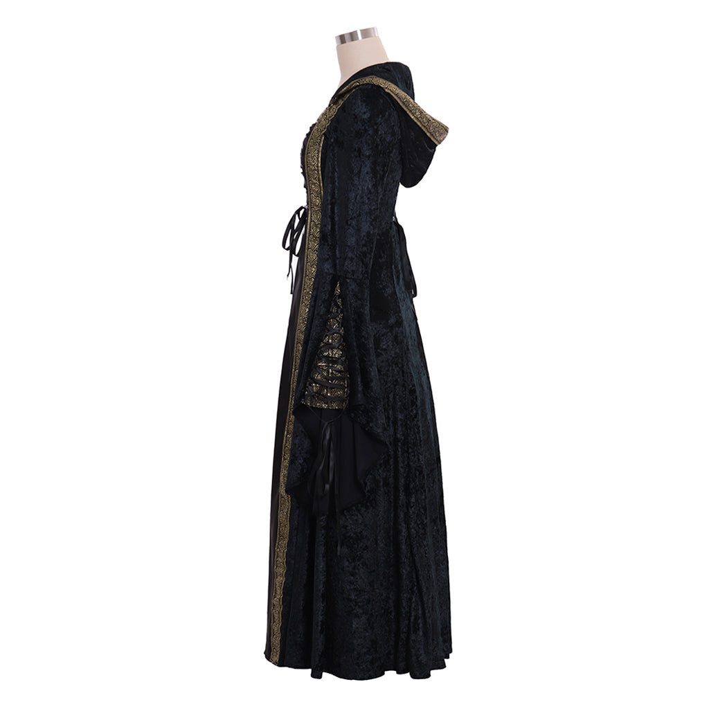 Elegante vestido renacentista medieval de terciopelo negro: vestido de fiesta personalizado para Halloween