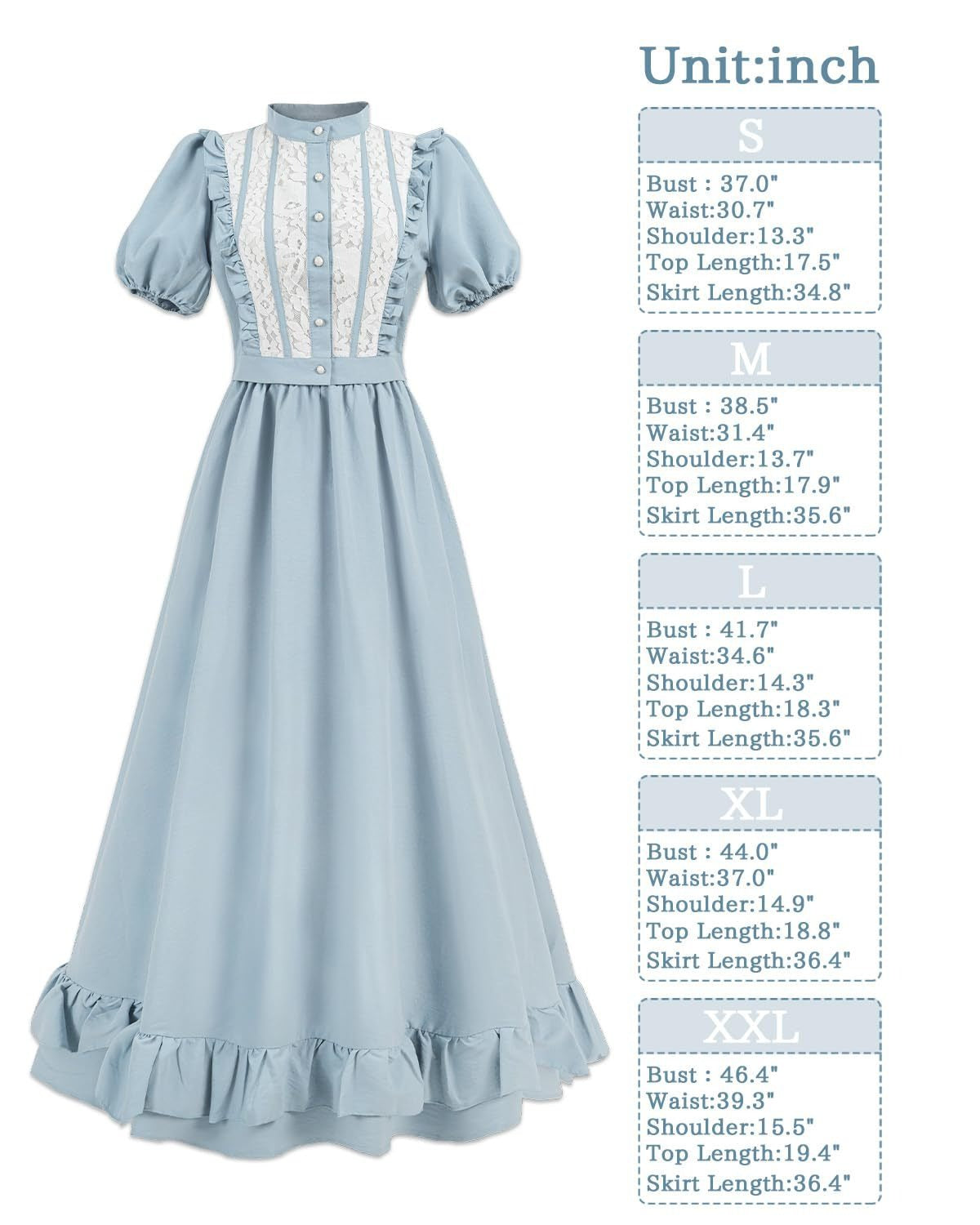 Women’s Light Blue Lace Vintage Midi Dress, Puff Sleeve Ruffle Hem Cottagecore Outfit - Halloweez
