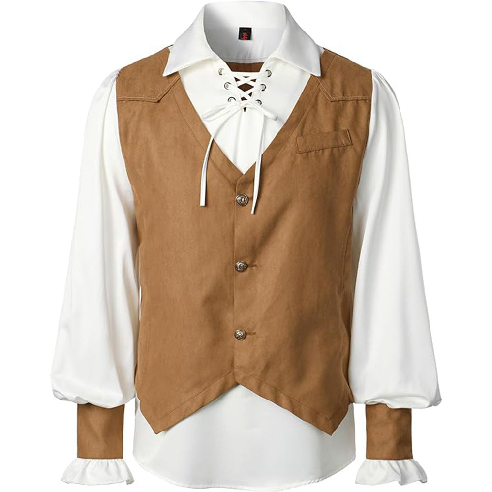 Medieval Pirate Victorian Steampunk Gothic Long Sleeve Vest Shirt Halloween Costume - Halloweez