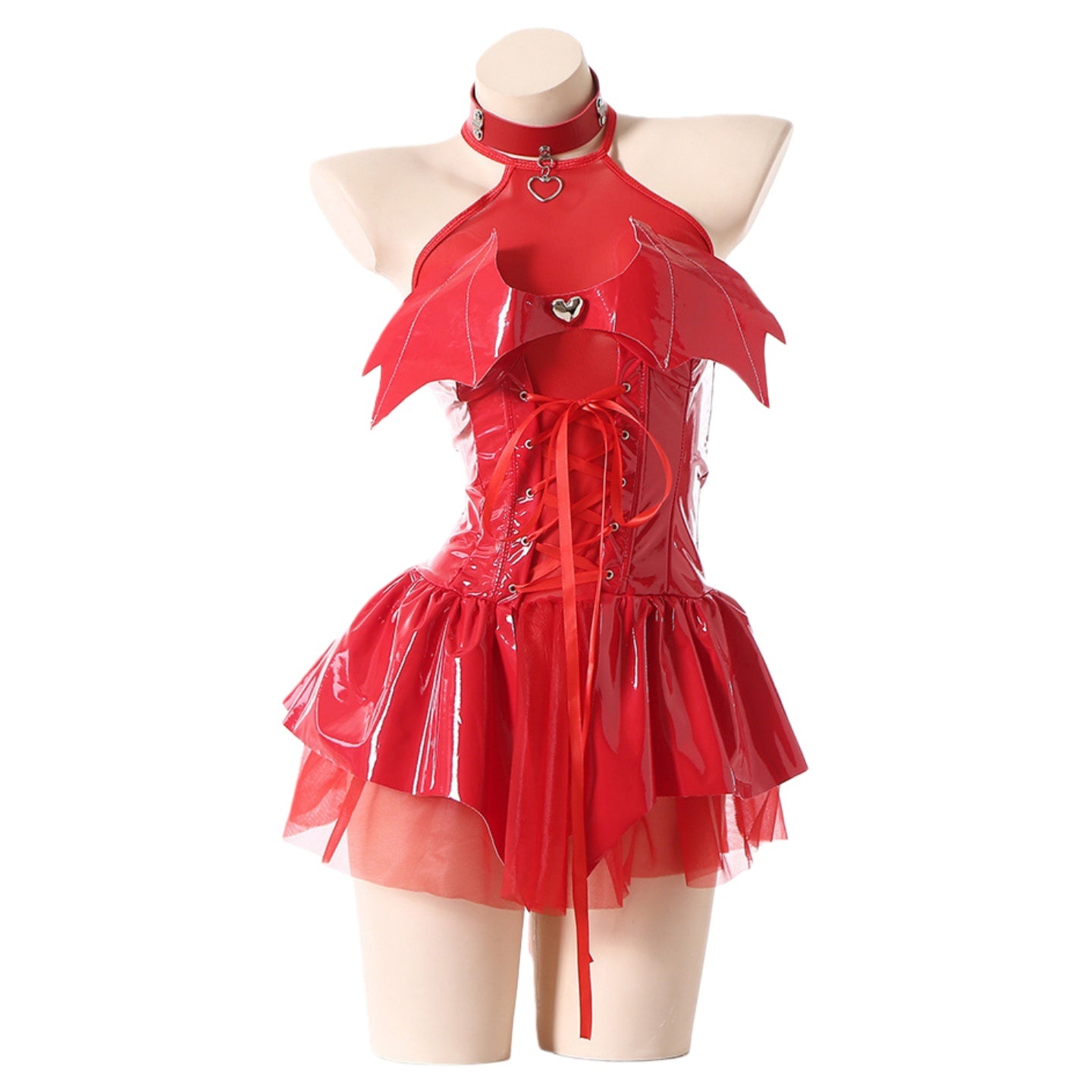 Mirror PU Halter Tie Bat Little Devil Sheer Mini Skirt Cosplay Costume Anime Lolita Goth Outfit - Halloweez