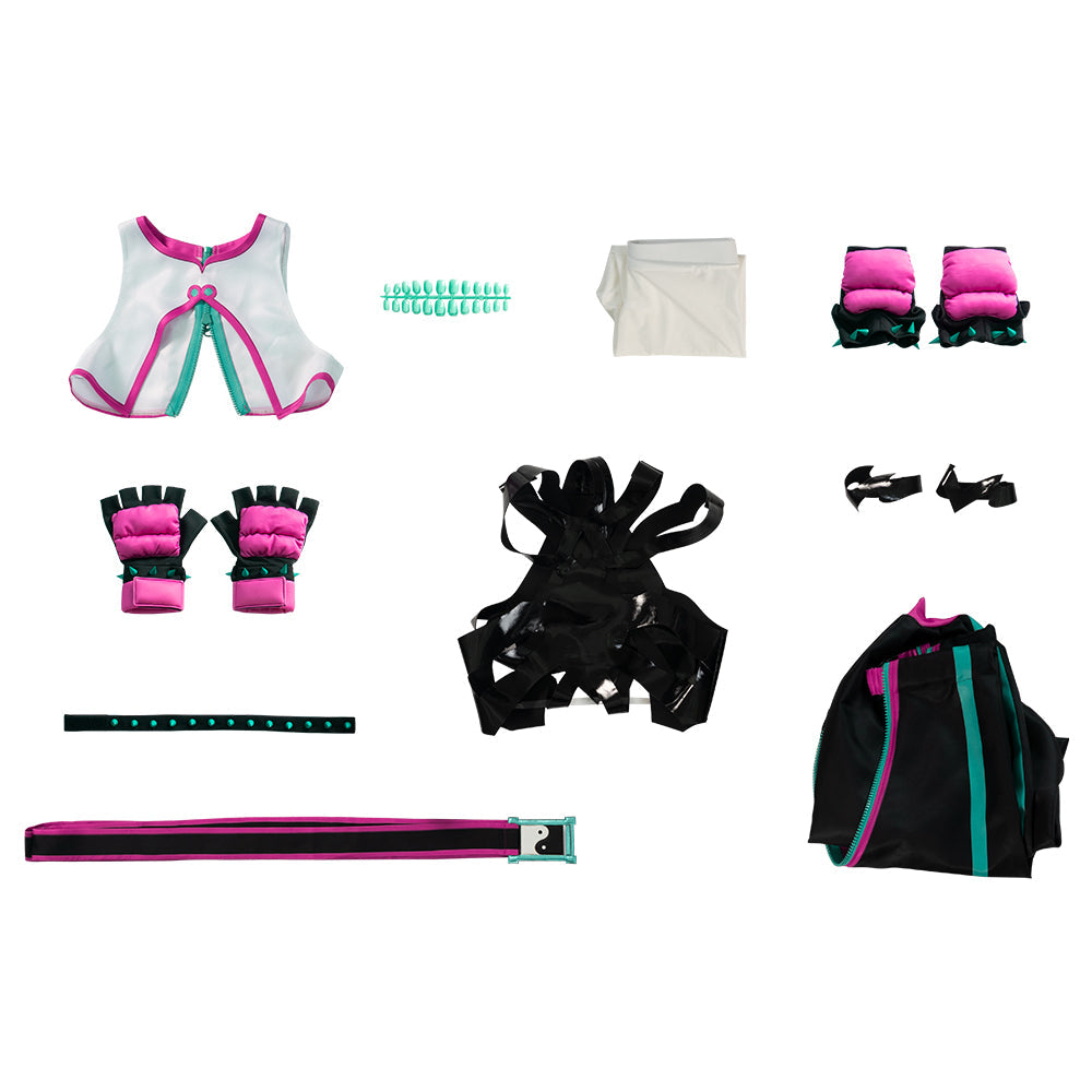 Halloweez Juri Cosplay Outfit - Hollow Bodysuit with Vest, Pants, and Gloves