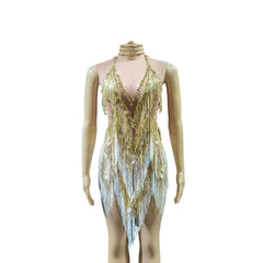 Fringe Sequin Jazz Dance Performance Dress - Golden Latin Disco DJ Dance Costume for TikTok Live Shows and Parties - Halloweez