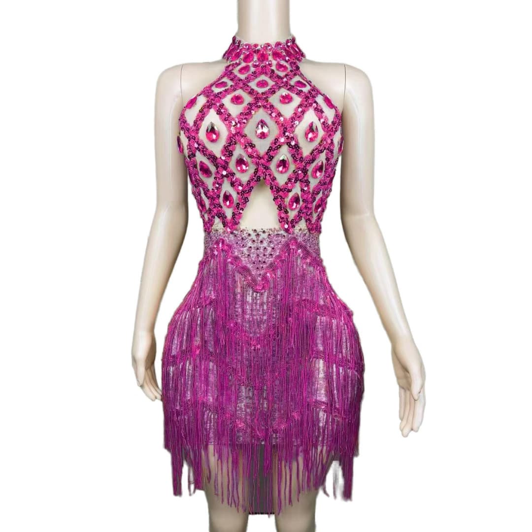 Rhinestone Mesh Hollow Sequin Fringe Dress - Silver Performance Costume for Party, Cosplay, Evening Gala - Halloweez