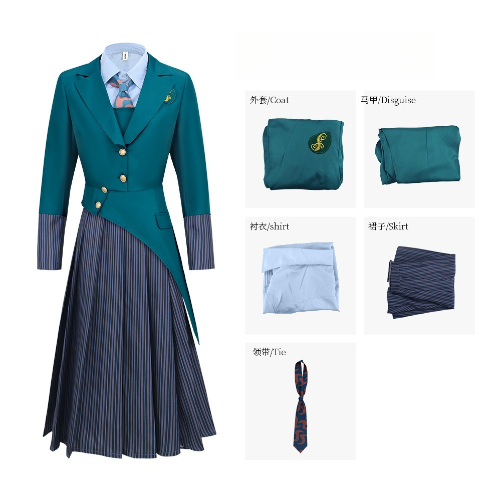 Wicked Glinda Elphaba Girls Uniform Cosplay Blue Shirt Green Coat Outfit - Halloweez
